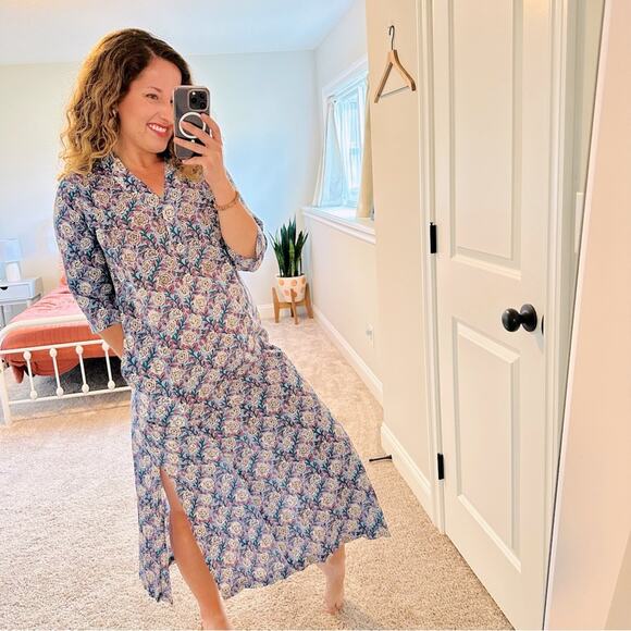 Handmade Blue Floral Cotton Blocked Printed Maxi Dress Small - Picture 1 of 9